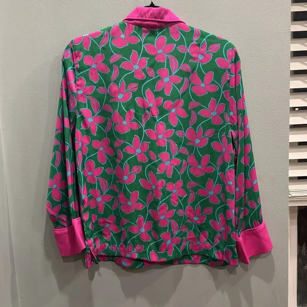 Kate Spade‎ Floral Vines Satin Notch Collar Long PJ Top Size Small